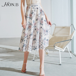 新款 HONB红贝缇勿忘恋人优雅甜美印花半身裙2021夏季 温柔风大摆裙