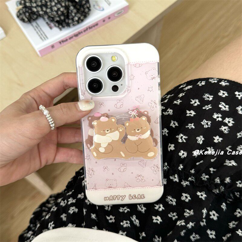 ins风粉色软萌日韩卡通围巾小熊适用苹果16promax手机壳少女心iphone15新款16pro小众14全包防摔13保