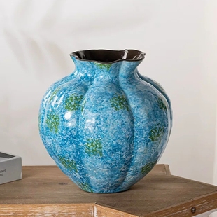 瓷瓜凝碧澜陶瓷花器花瓶蔚蓝南瓜瓶金瓜缀青斑 陶瓷南瓜花瓶花器