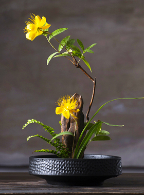 剑山插花器小原流花道中式插花器皿日式陶瓷花盆圆盘禅意花盘花器