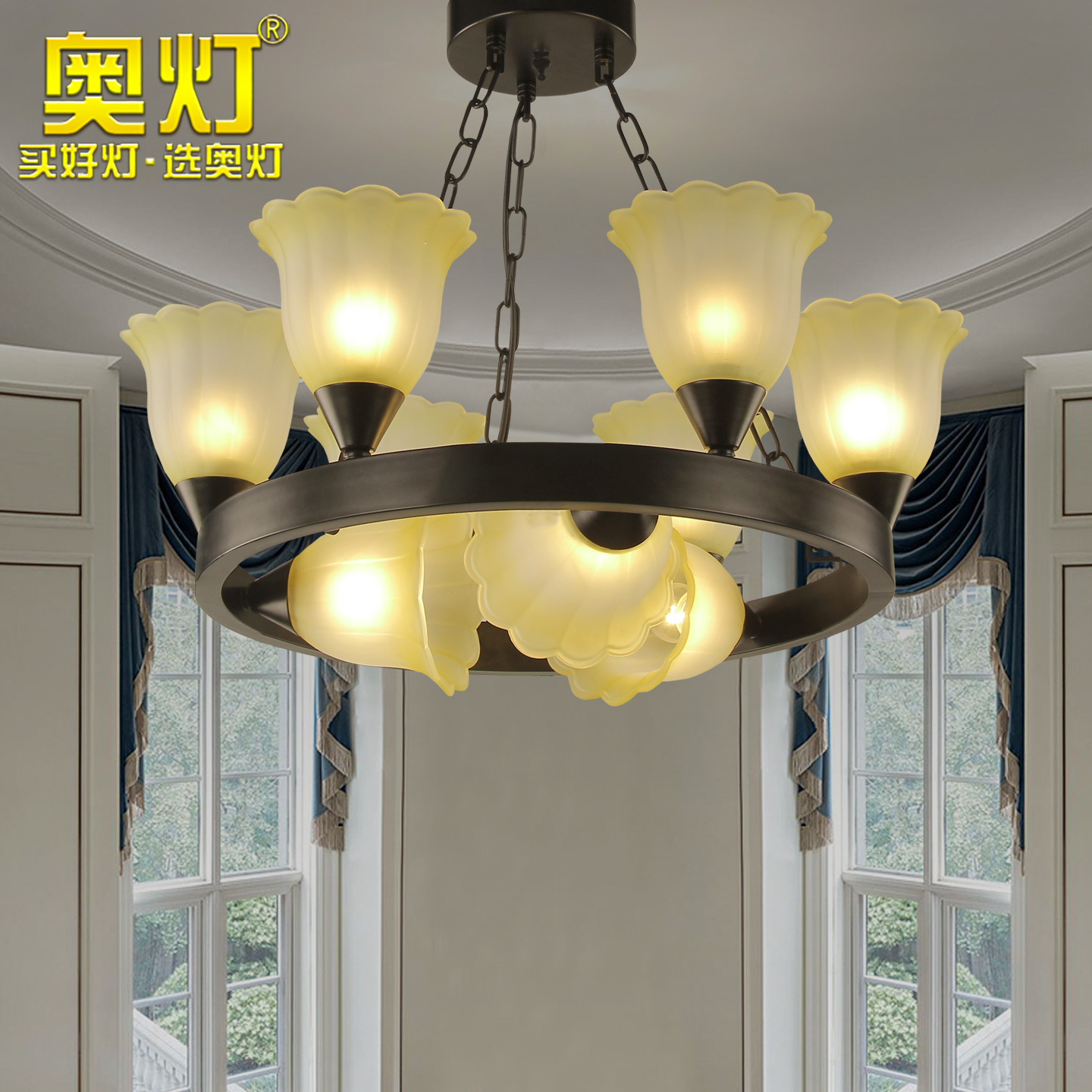 奥灯美式乡村客厅吊灯简约温馨卧室餐厅铁艺田园灯欧式书房灯9397
