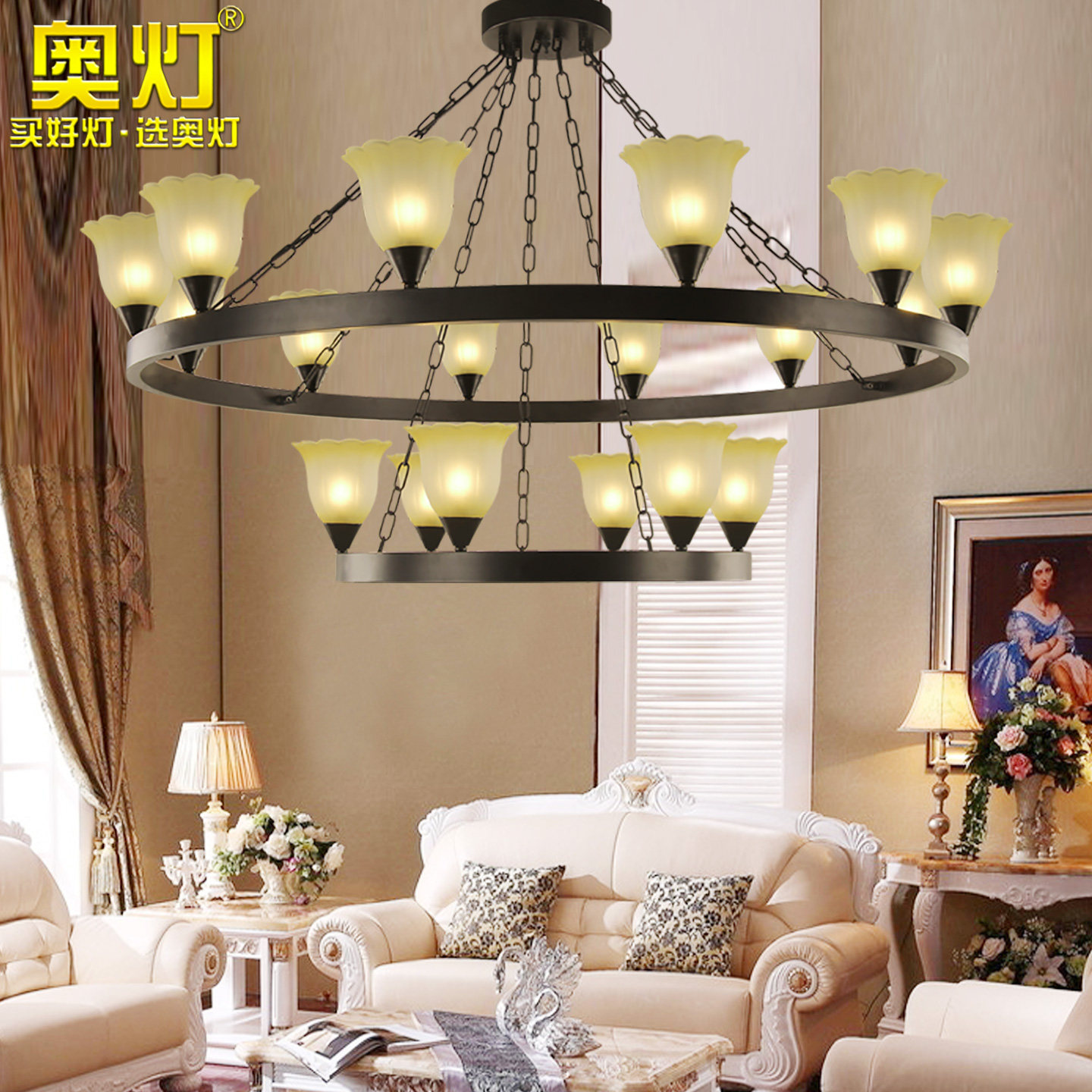 奥灯美式乡村别墅客厅铁艺吊灯具欧式简约田园卧室灯餐厅灯饰9451