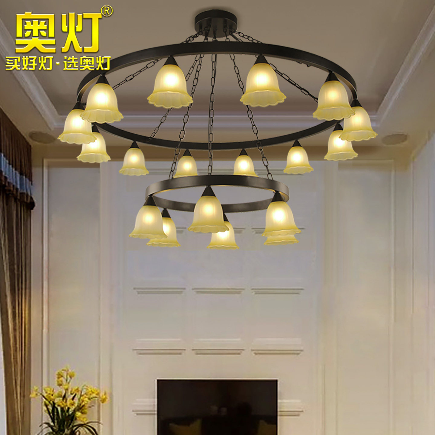 奥灯别墅客厅吊灯美式乡村简约卧室餐厅复古铁艺田园欧式吊灯9488