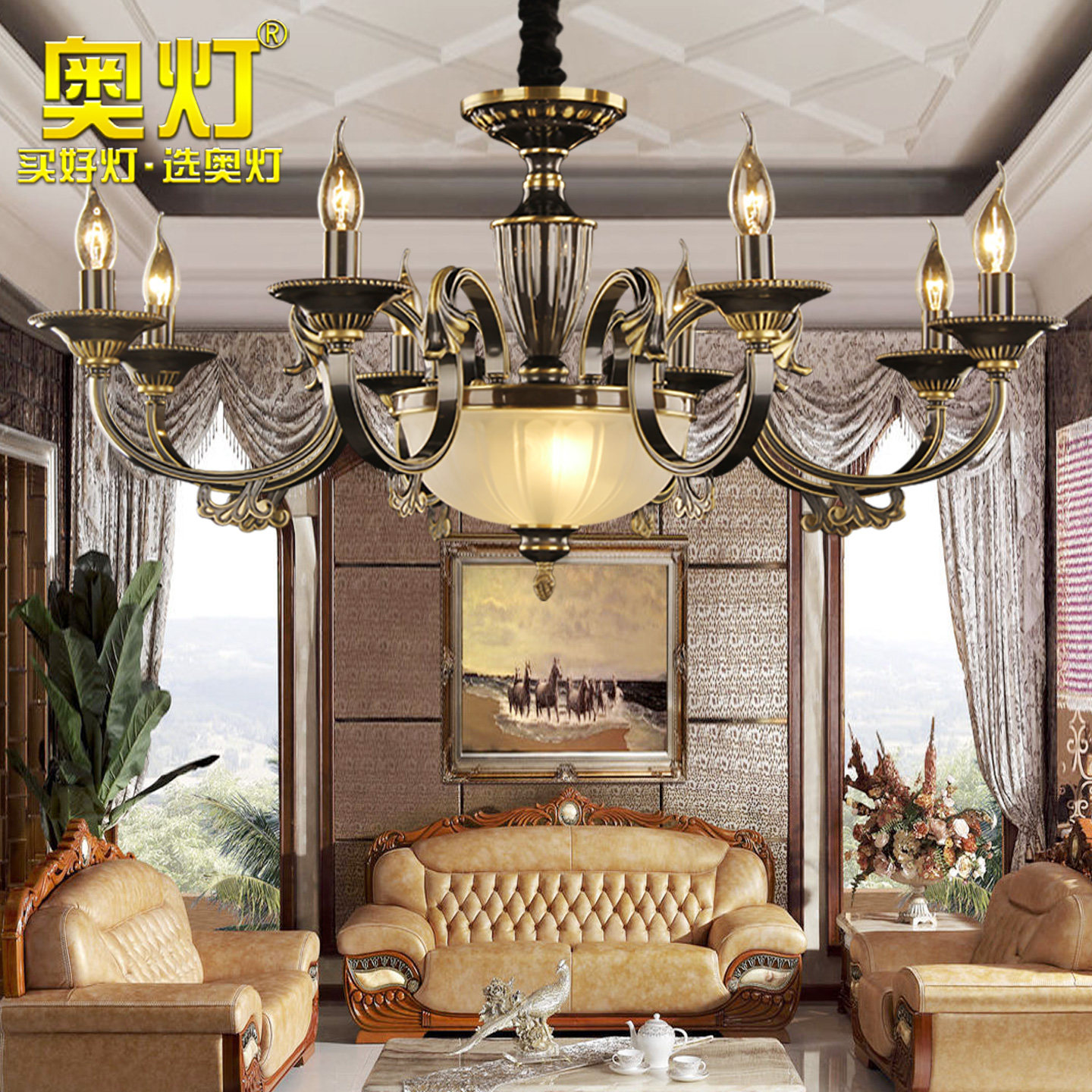 奥灯简约美式全铜吊灯家用LED卧室客厅餐厅黑擦金色蜡烛灯具H310