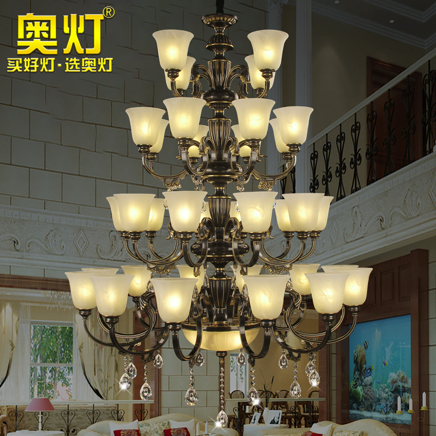 奥灯挑高楼梯四层工程大型吊灯欧式酒店宾馆大堂全铜水晶灯具5061