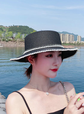 平顶小香风女夏宽檐珍珠遮阳帽子