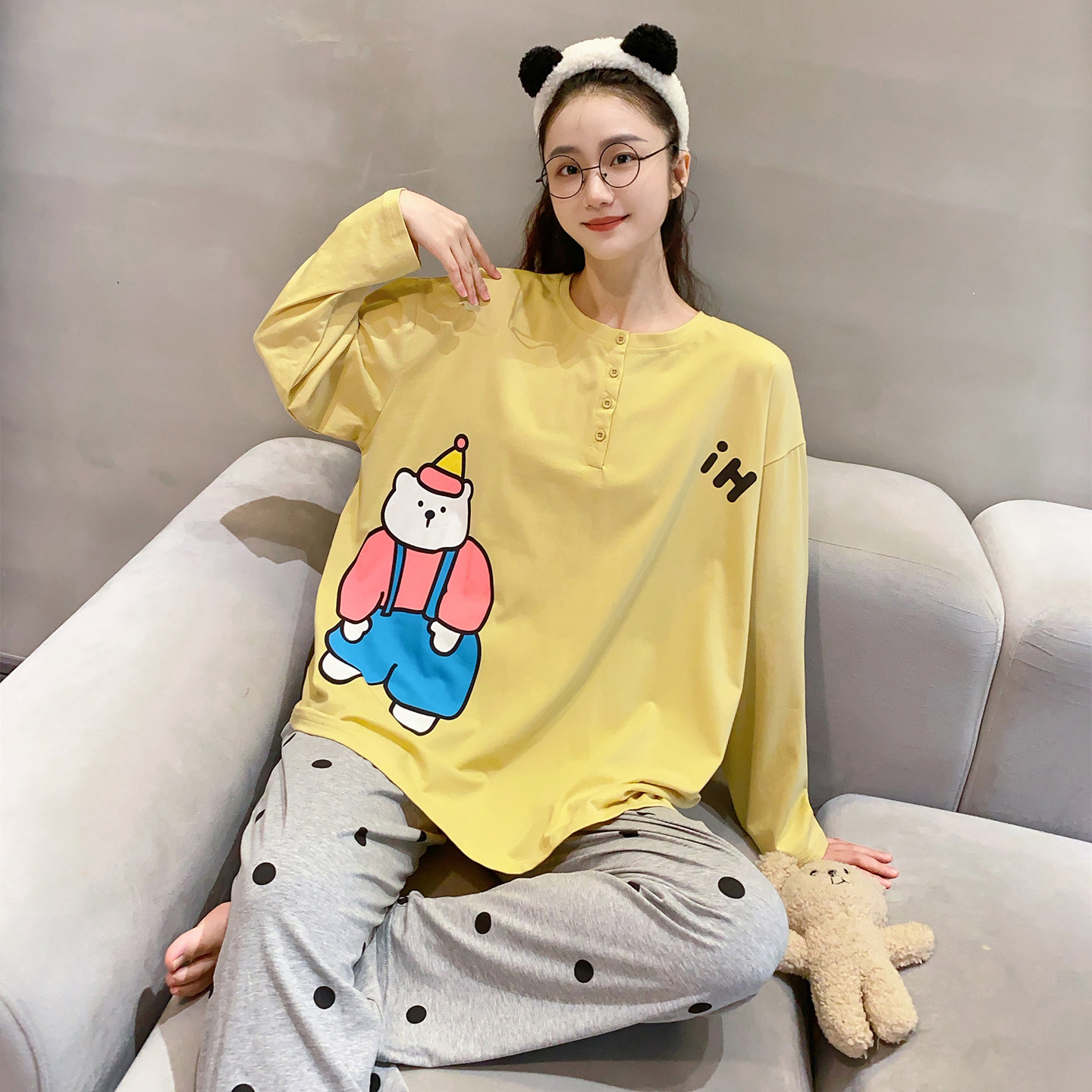 长袖睡衣女春秋纯棉薄款宽松大码