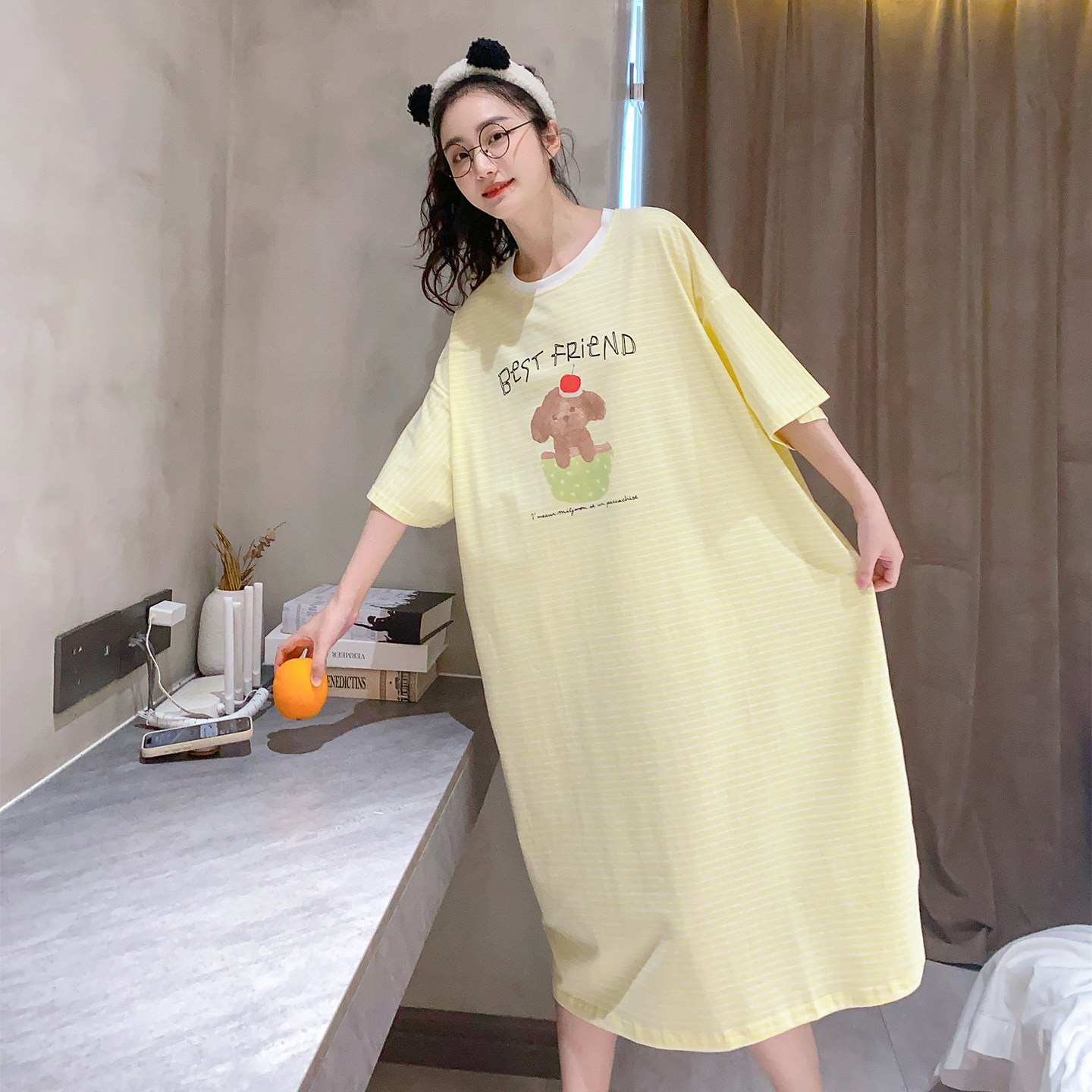 糖果色小狗短袖睡裙女夏季纯棉薄款宽松大码可外穿睡衣女过膝睡裙