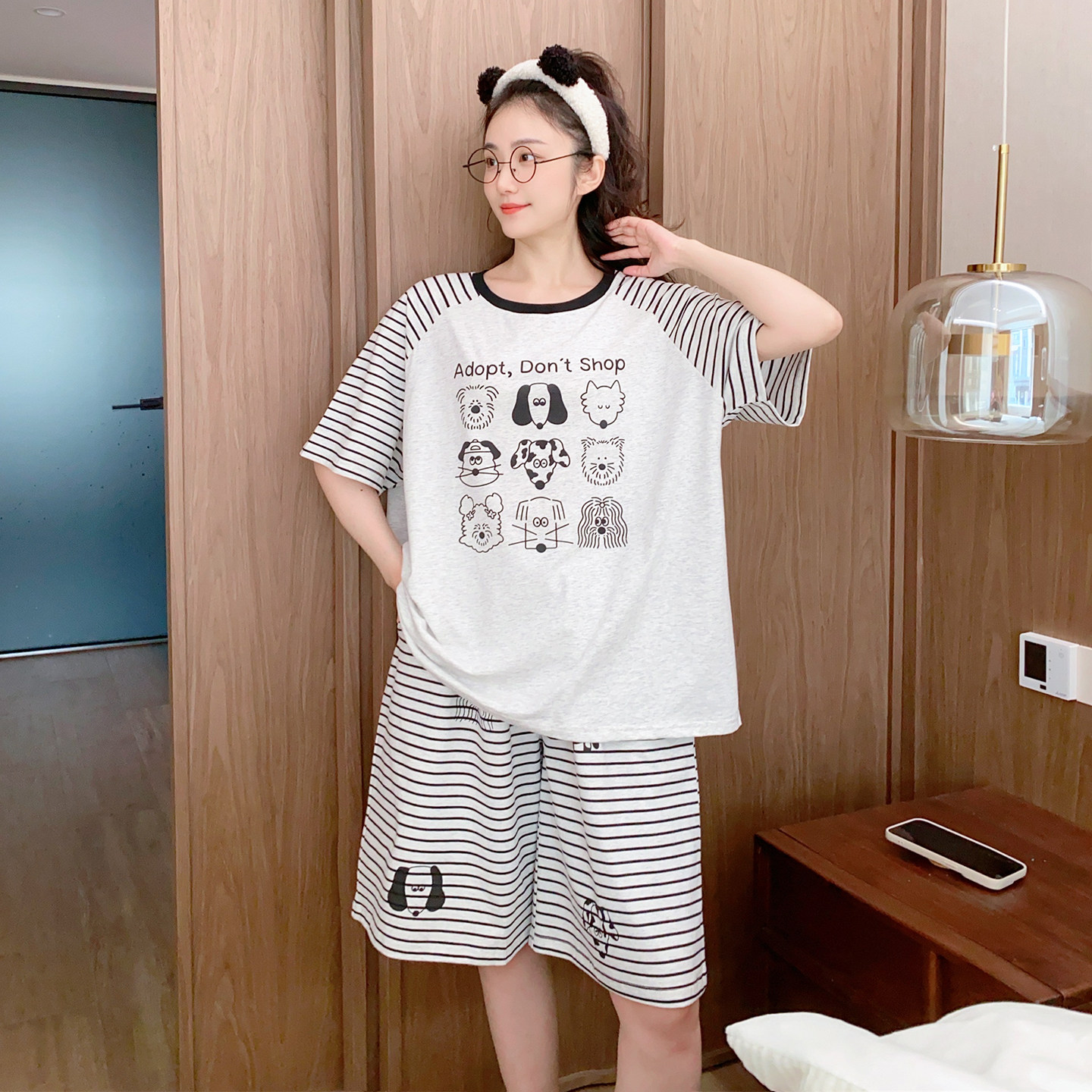 大码款~可爱小狗短袖短裤睡衣女纯棉夏季薄款宽松休闲胖MM家居服