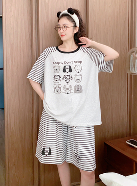 大码款~可爱小狗短袖短裤睡衣女纯棉夏季薄款宽松休闲胖MM家居服