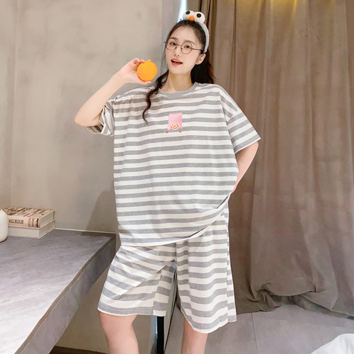 韩版大码条纹睡衣女夏季可外穿