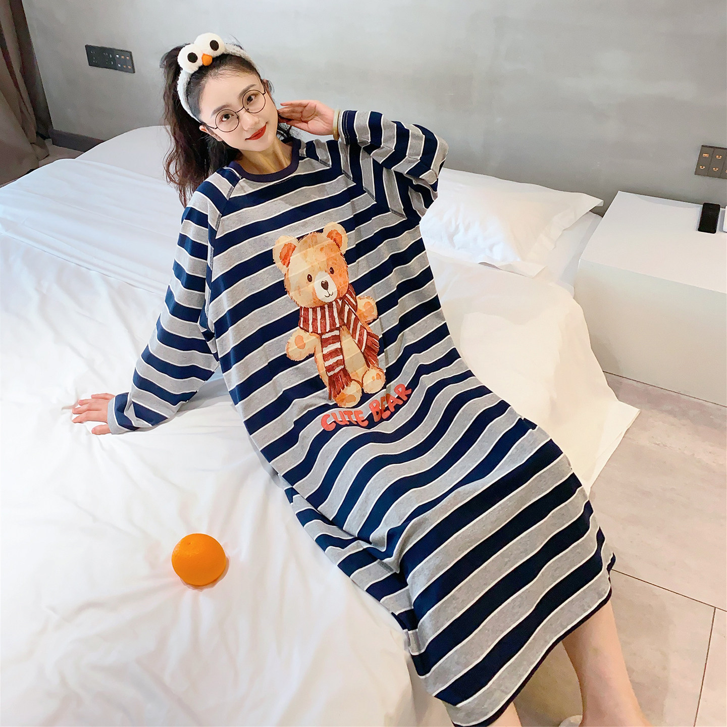 条纹小熊长袖睡裙女春秋季中长款