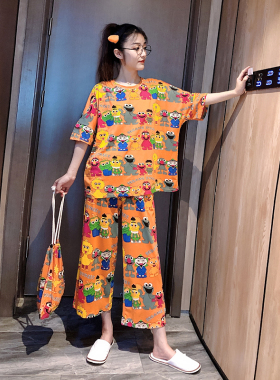 韩版卡通大码睡衣女夏季套装休闲胖MM家居服ins风短袖七分裤纯棉