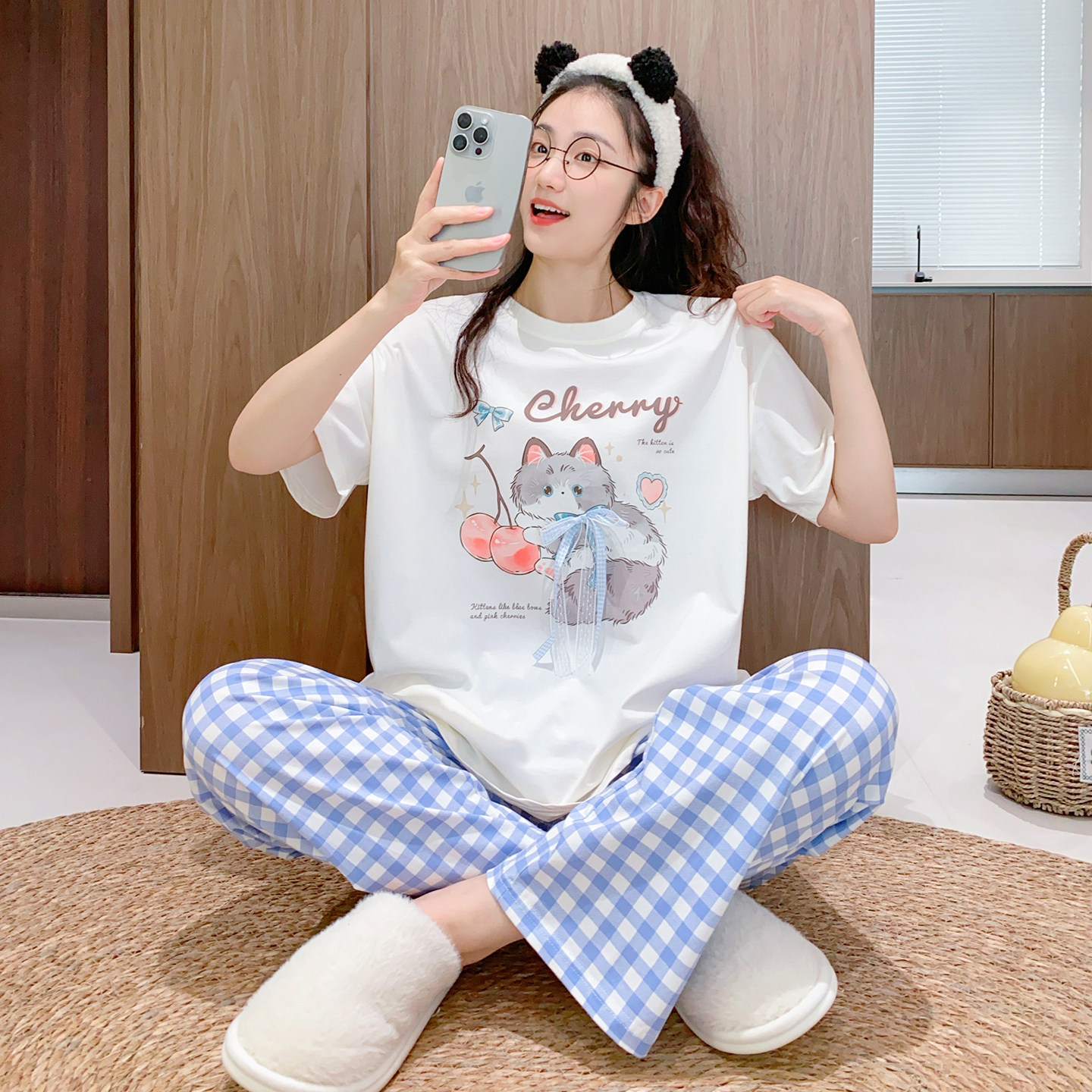 可爱猫咪短袖长裤睡衣女薄款春夏季纯棉宽松休闲格子裤家居服套装