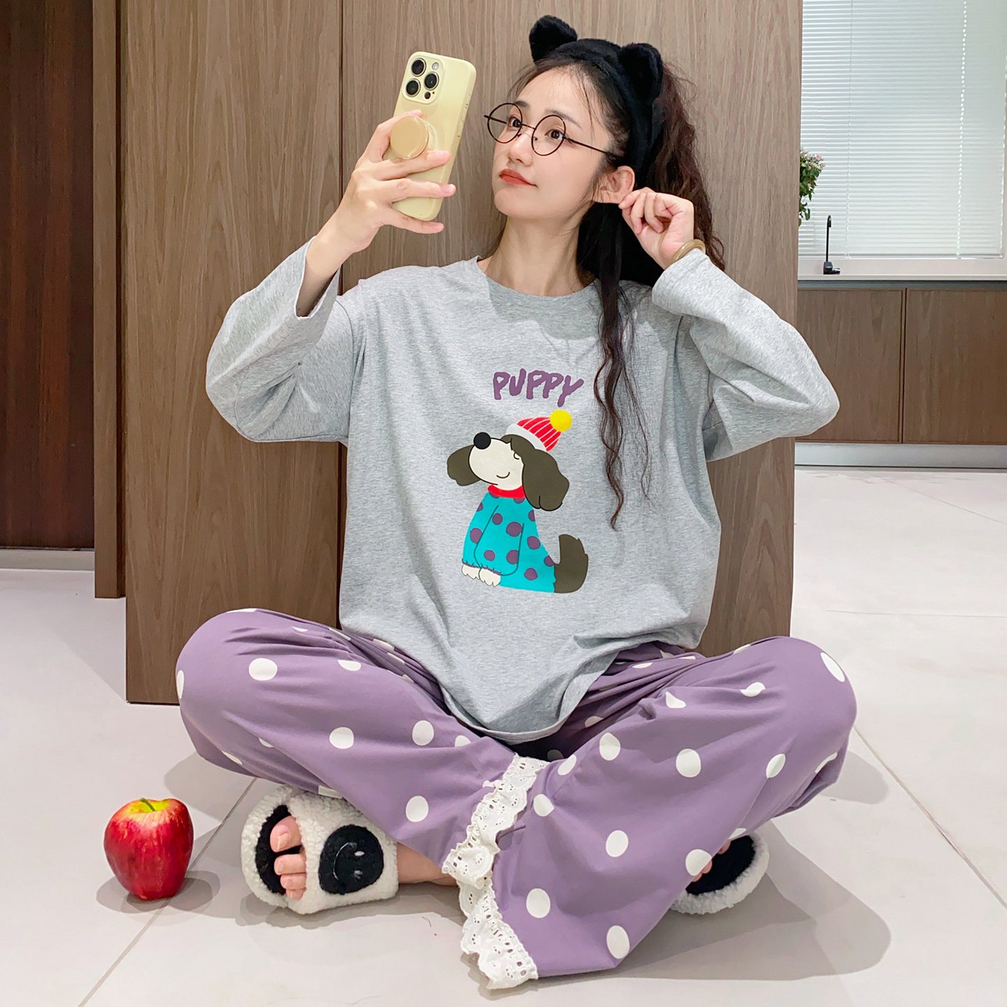 可爱小狗长袖睡衣女春秋季纯棉