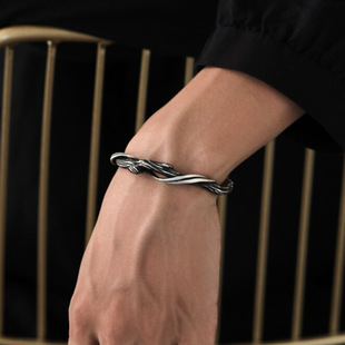 S925纯银复古做旧手镯《浮木》开口手环男高级感男款小众男士情侣