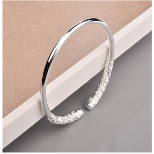 S925纯银如意金箍棒手镯白铜镀银实心镯子男女款民族风浮雕祥云开