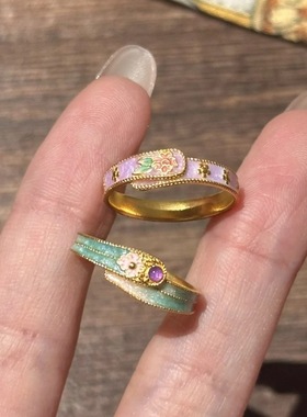 925纯银式珐琅彩滴釉印花戒指古法烧蓝小众精致高级感百搭食指戒