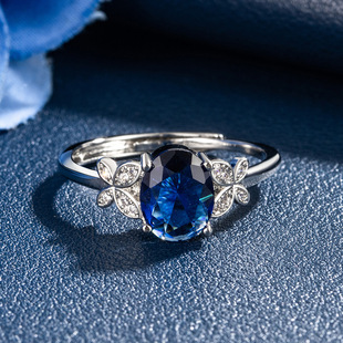 S925纯银蓝宝石戒指 坦桑石白金色戒指满钻蝴蝶结蓝水晶