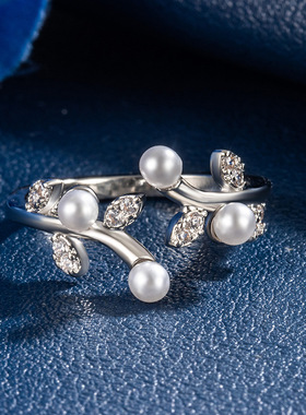 珍珠镶钻藤叶开口戒指