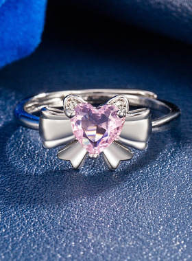 日韩闪光爱心戒指女士精致时尚甜美超仙粉红色蝴蝶结心形