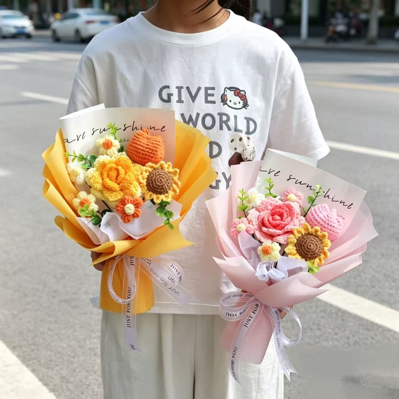 七夕教师节手工毛线针织仿真玫瑰向日葵小花束送男女朋友闺蜜生日