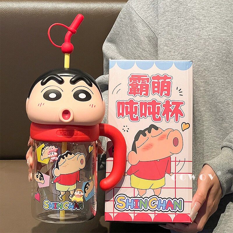 蜡笔小新高硼硅玻璃水杯大容量情侣水杯女2026新款高颜值吸管杯子