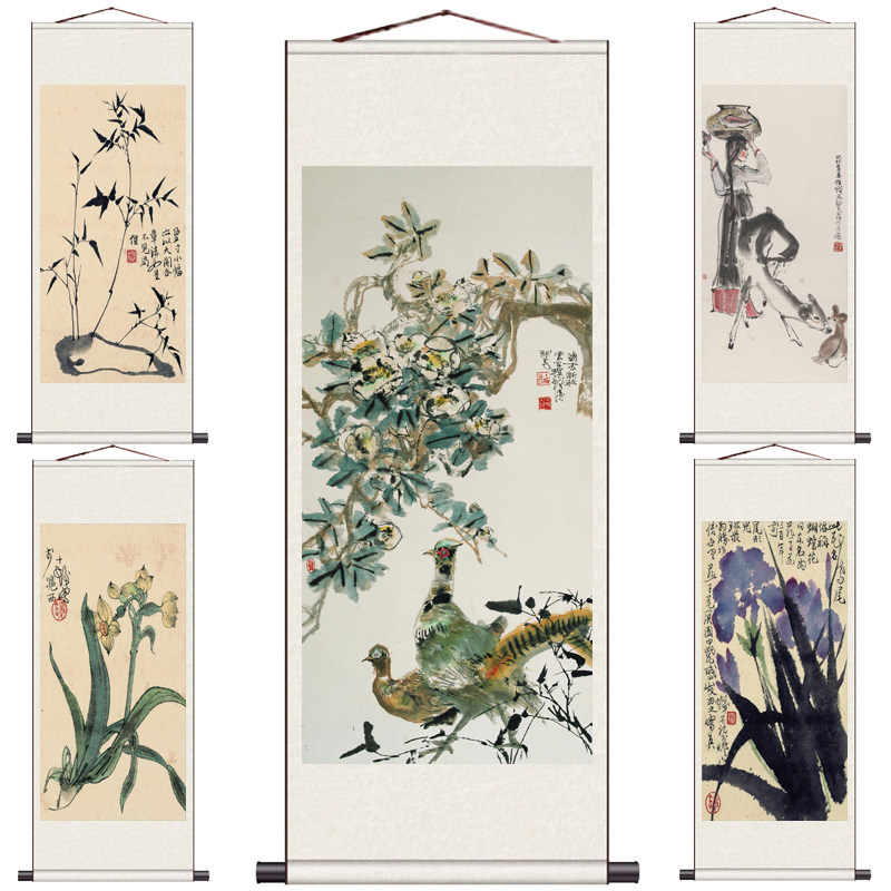 仿古书画程十发丝绸画卷轴画国画水墨画兰花牛图客厅家居装饰少数