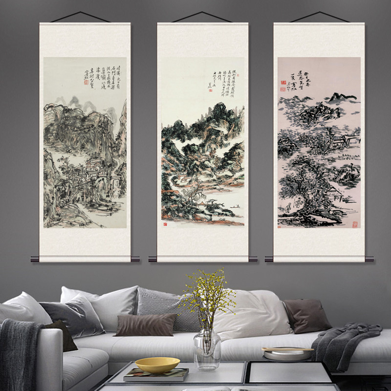 黄宾虹水墨山水画挂轴条幅卷轴名画复制品字画中式玄关挂画装饰画
