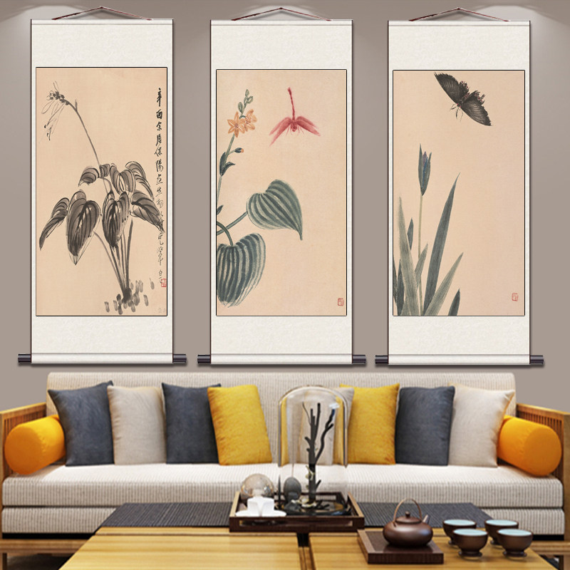 新中式客厅装饰画四联歺厅挂画餐厅水果画水墨国画齐白石丝绸挂画