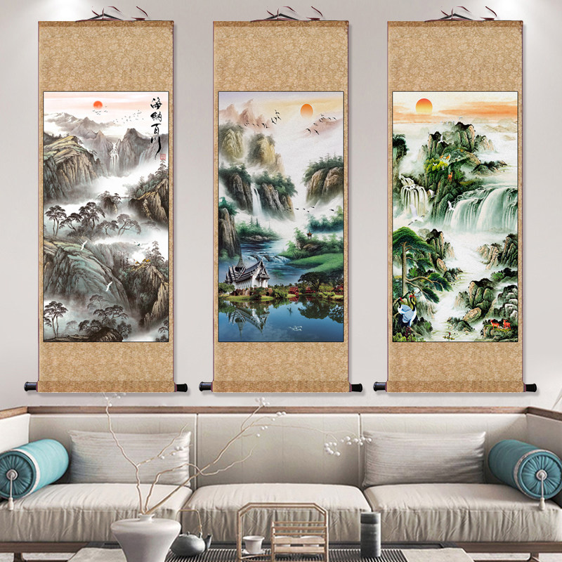 迎客松画客厅挂画中堂画农村堂屋大气字画对联中式国画山水画壁画