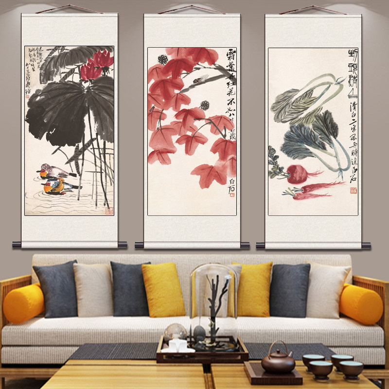 齐白石荷花鸳鸯古典字画名家花鸟画百财白菜图枫叶花鸟挂画名家画