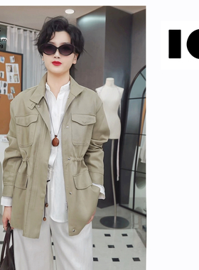 老钱风原生态天丝亚麻工装外套女极简立体四口袋抽绳夹克IG25420