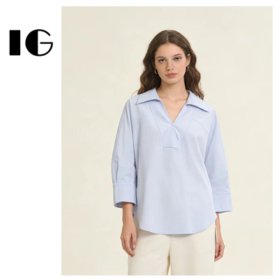 通勤老钱风七分袖V领纯色衬衫女