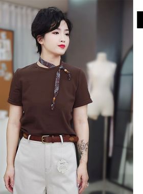 短袖T恤女26春季新款百搭基础纯色刺绣丝巾正肩体恤衫IG3225