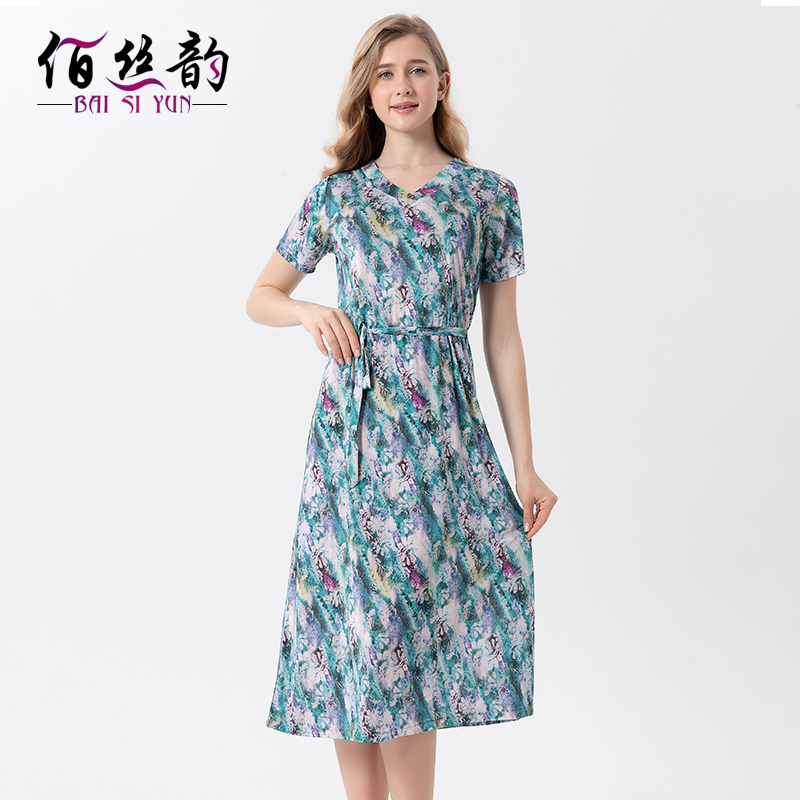 时尚高端桑蚕丝印花系带连衣裙女