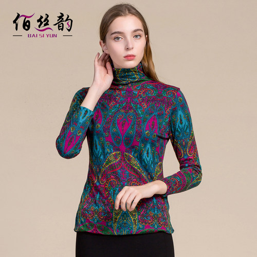 100%羊毛高领印花套头打底衫长袖