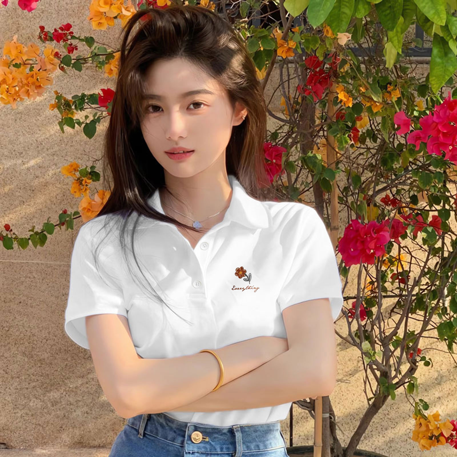 胖东来白色正肩翻领Polo衫短袖T恤女纯棉常规修身显瘦简约别致上
