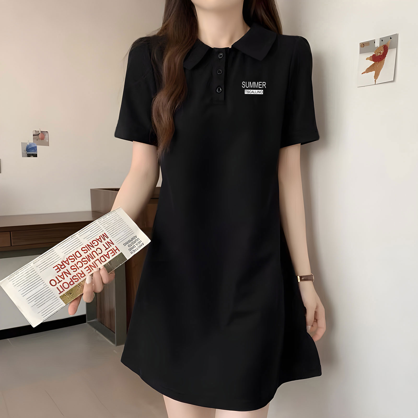 胖东来中长款正肩翻领Polo短袖T恤连衣裙女韩版夏季百搭减龄小众