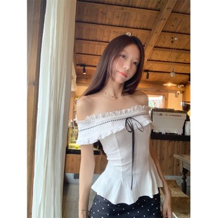 夏季 胖东来法式 T恤女装 套装 波点包臀半身裙 设计感白色一字肩短袖