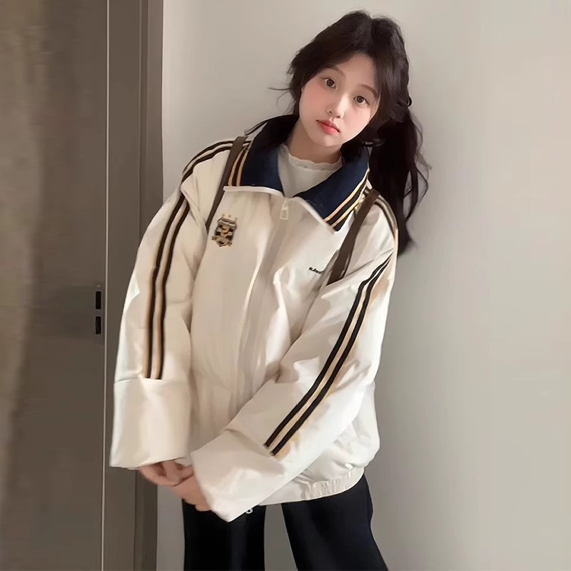 胖东来复古学院风拼接撞色棉服女新款冬季加厚保暖宽松情侣棉衣外