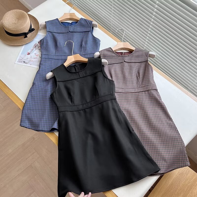 女装迷你连衣裙/无袖裙子25秋冬新款显瘦休闲A字裙格子裙R478725