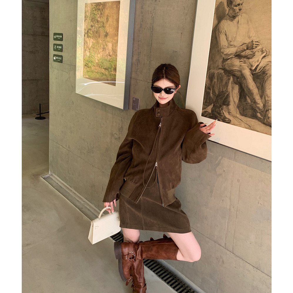美式复古双拉链立领夹克外套女秋季休闲套装辣妹包臀半身裙两件套