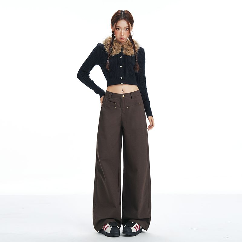 复古咖啡色阔腿牛仔裤女棕色弯刀裤宽松显瘦百搭直筒长裤新款
