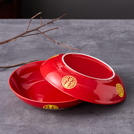陶瓷红盘婚宴菜盘干果盘新婚碟盘喜糖糕点瓜子盘供拜乔迁寿宴圆盘