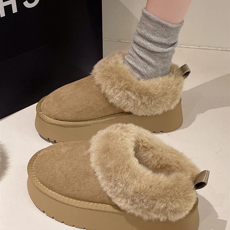 松糕厚底毛毛雪地靴女款2025新款冬季低帮加绒加厚保暖面包鞋棉鞋