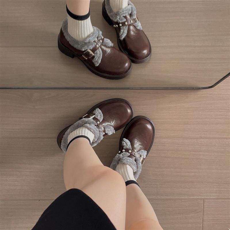棕色英伦风加绒粗跟玛丽珍小皮鞋女2025新款秋冬增高加厚保暖棉鞋