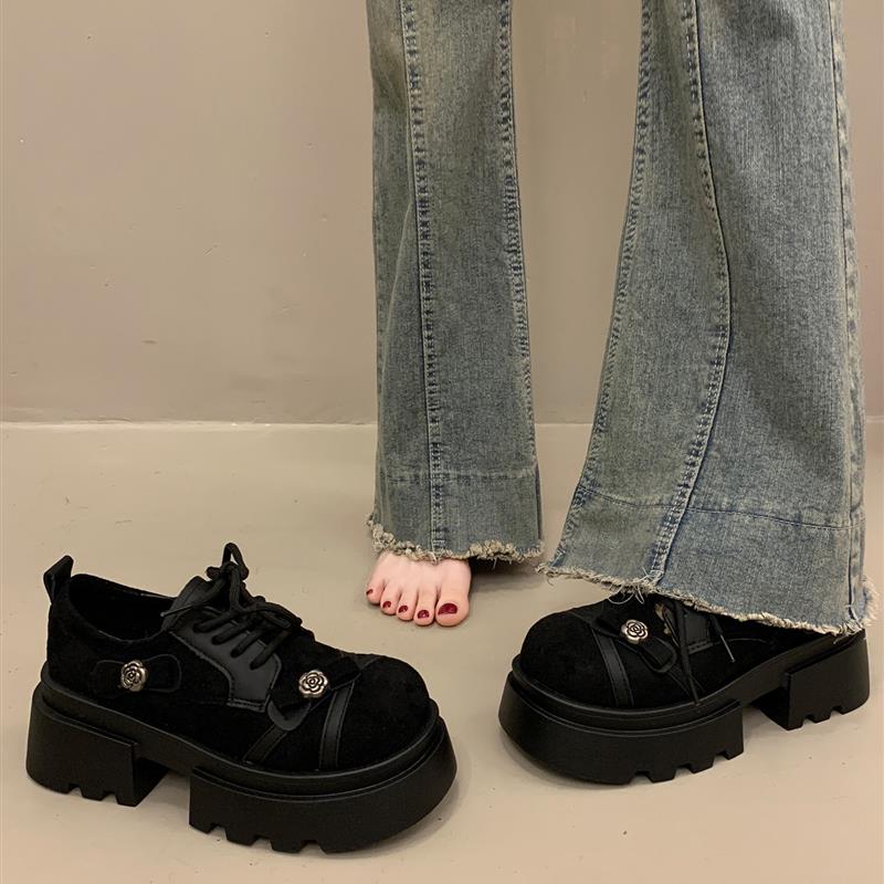 法式厚底加绒绝美深口单鞋女秋冬季2025新款玛丽珍增高系带小皮鞋