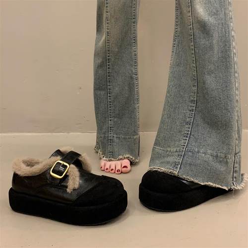 超火加绒毛毛勃肯鞋女毛绒厚底棉鞋2025新款爆款复古皮鞋深口单鞋