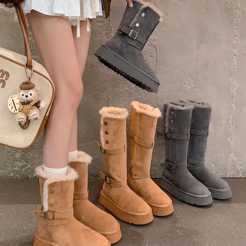 厚底雪地靴子女美拉德棕色长靴冬季保暖加绒加厚东北棉鞋长筒女靴